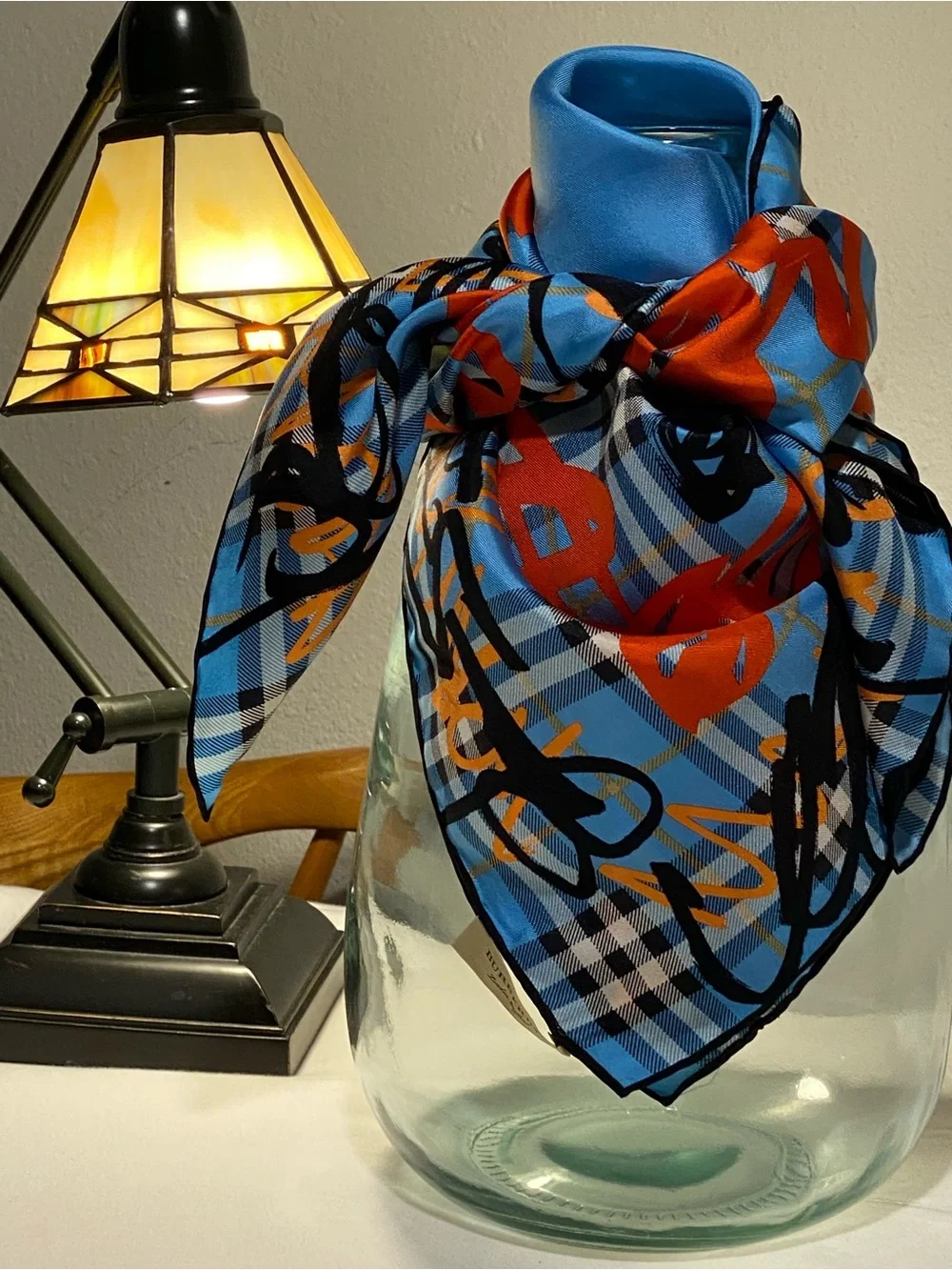 Burberry Blue and Orange Plaid Silk Scarf with Black Accents